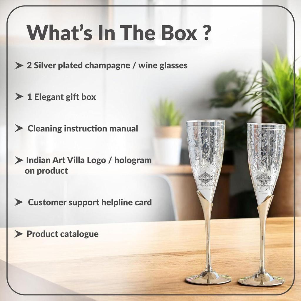 Silver Plated Goblet Flute Wine Glass with Blue Box, Best for Parties, Diwali Gift Item, 100 ML Each, Set of 2