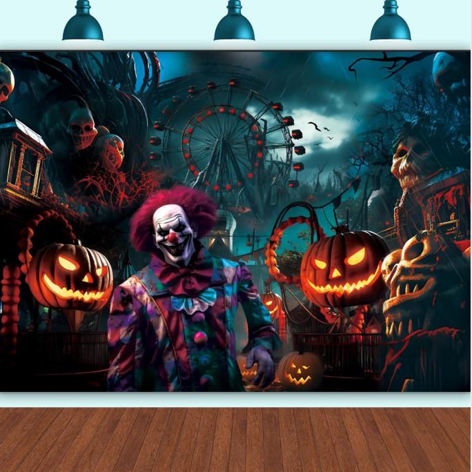 Pumpkin Clown Halloween Horror Backdrop Photo Background Party Banner Decor