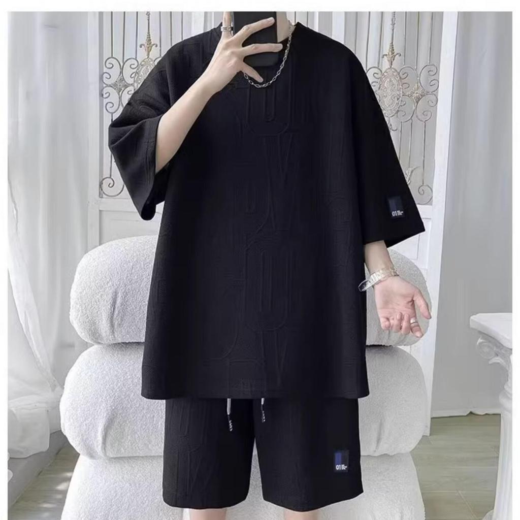Men's Summer Suit Casual T-shirt + Shorts 2 Pieces Set Suit Men's Tracksuit Solid Color Tracksuit Loose Suit