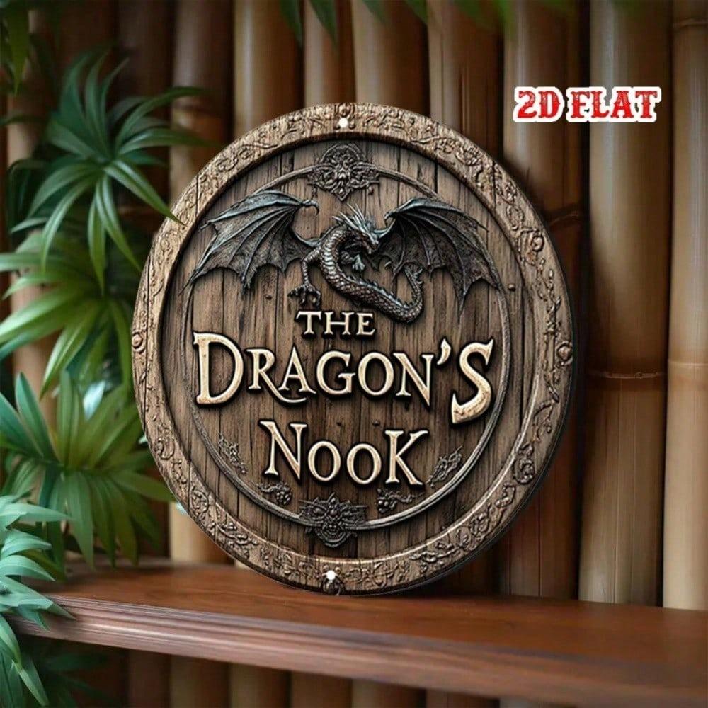 Round Fantasy Dragon Floral 2D Metal Tin Wall Sign for Home Decor