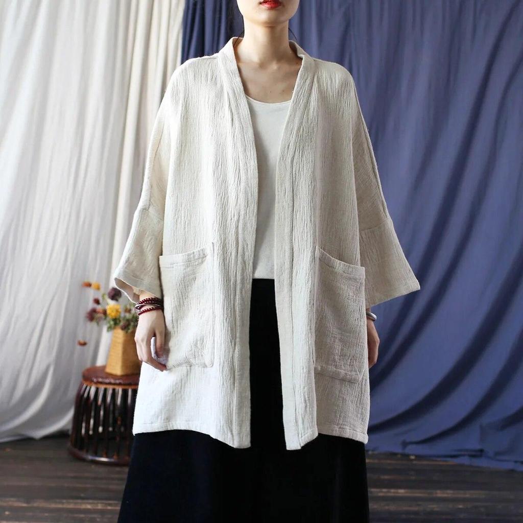 Johnature Women Vintage Shirts Tops Solid Color Pockets Soft Autumn Blouses Long Sleeve V-Neck Shirts