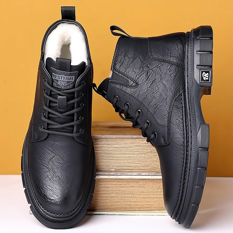 Mens Winter Warm Martin Boots With Wool Lining Thick Sole Anti-Slip Work Style British Fashion Mid-Calf