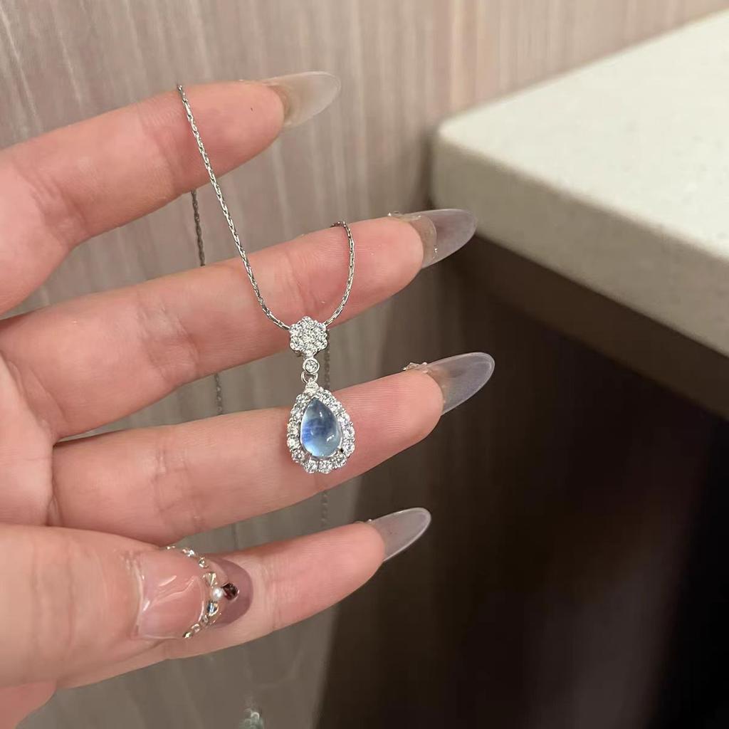 French light luxury full diamond blue tears necklace female sweet water drop neck chain autumn and winter new fashion personalized collarbone chain