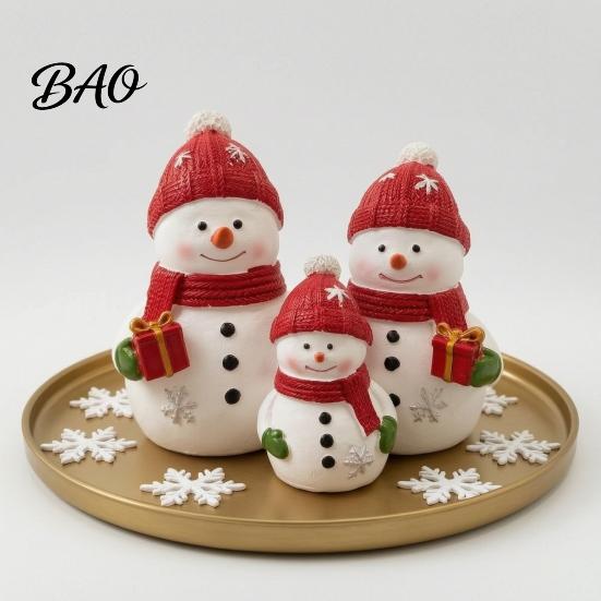Christmas Party Supplies Resin Snowman Figurine, Cute Family of 3 Statue with Santa Unique Presents Hat, Red Scarf, Holiday Tabletop Ornament