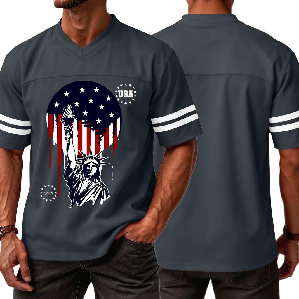 Men's Casual V Neck Short Sleeve Sports T Shirt Independence Day Printed Graphic Tee USA Lettering Athletic Top