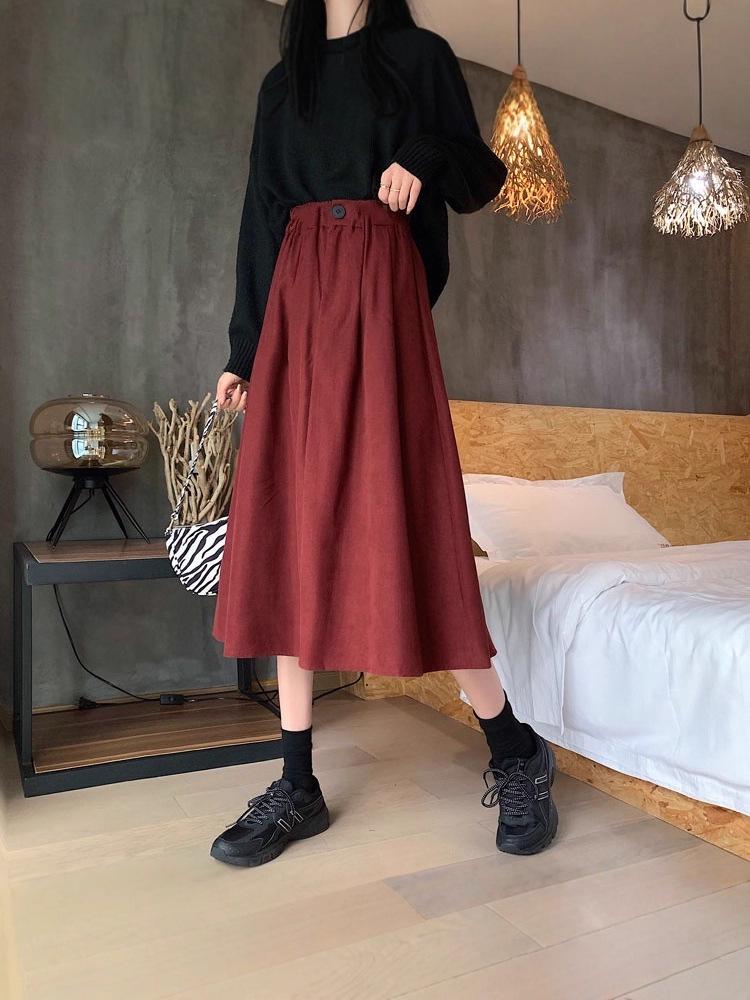 2025 Korean Style Women's High Waist Corduroy A-line Skirt – Autumn/Winter Retro Long Skirt with Large Hem and Slimming Fit