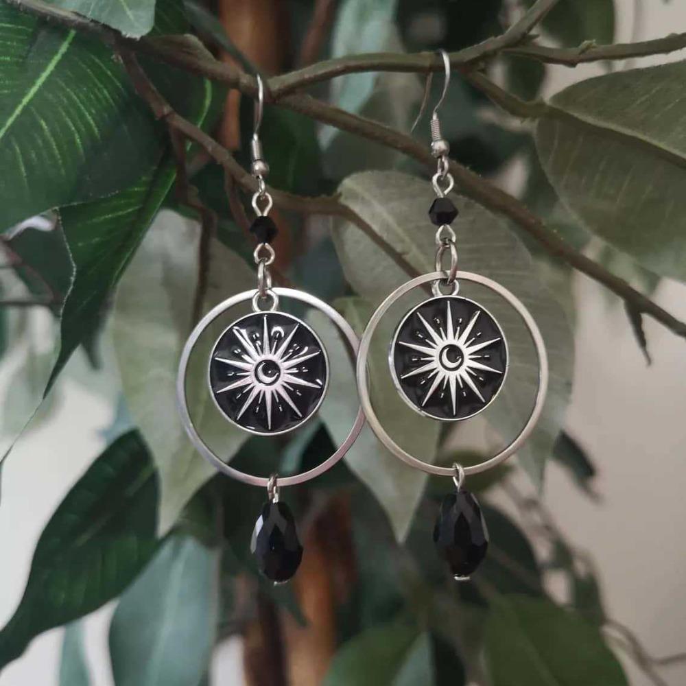Witchy Celestial Sun Moon Dangle Earrings Black Crystal Drop Earrings for Women Halloween Gothic Pagan Stainless Steel Jewelry