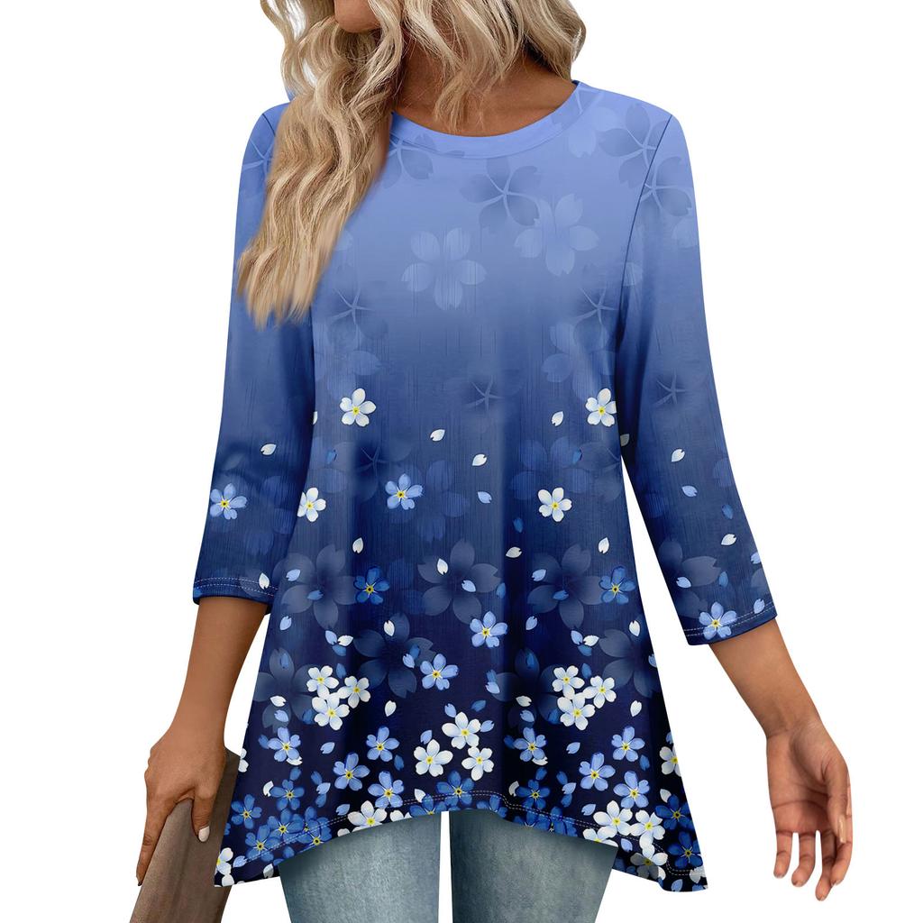 Tunika-Oberteile für Damen Locker sitzende Oberteile mit Prints 3/4-Ärmel Damenoberteile mit asymmetrischem Saum