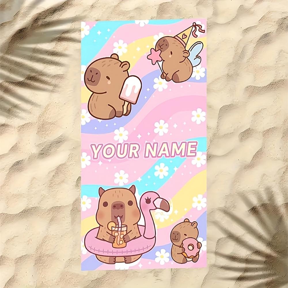 1Pc Cute Capybara Beach Towel, Custom Name Kawaii Summer Beach Blanket For Kids Adults