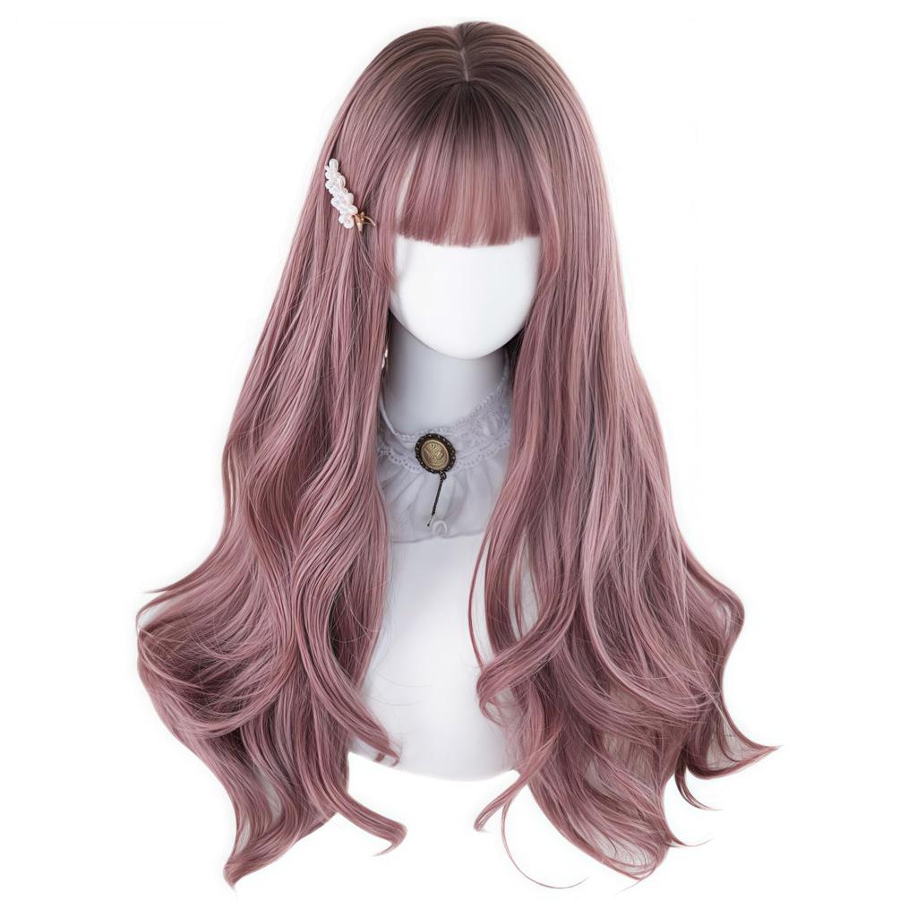 RyuuCos Lolita Wig, Long Hair, Curly, Wavy Hair, Blunt Bangs, Brown Pink Wig, Black Gradient Pink Brown, Natural Look, Harajuku Style, Cosplay, Heat