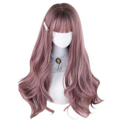 RyuuCos Lolita Wig, Long Hair, Curly, Wavy Hair, Blunt Bangs, Brown Pink Wig, Black Gradient Pink Brown, Natural Look, Harajuku Style, Cosplay, Heat