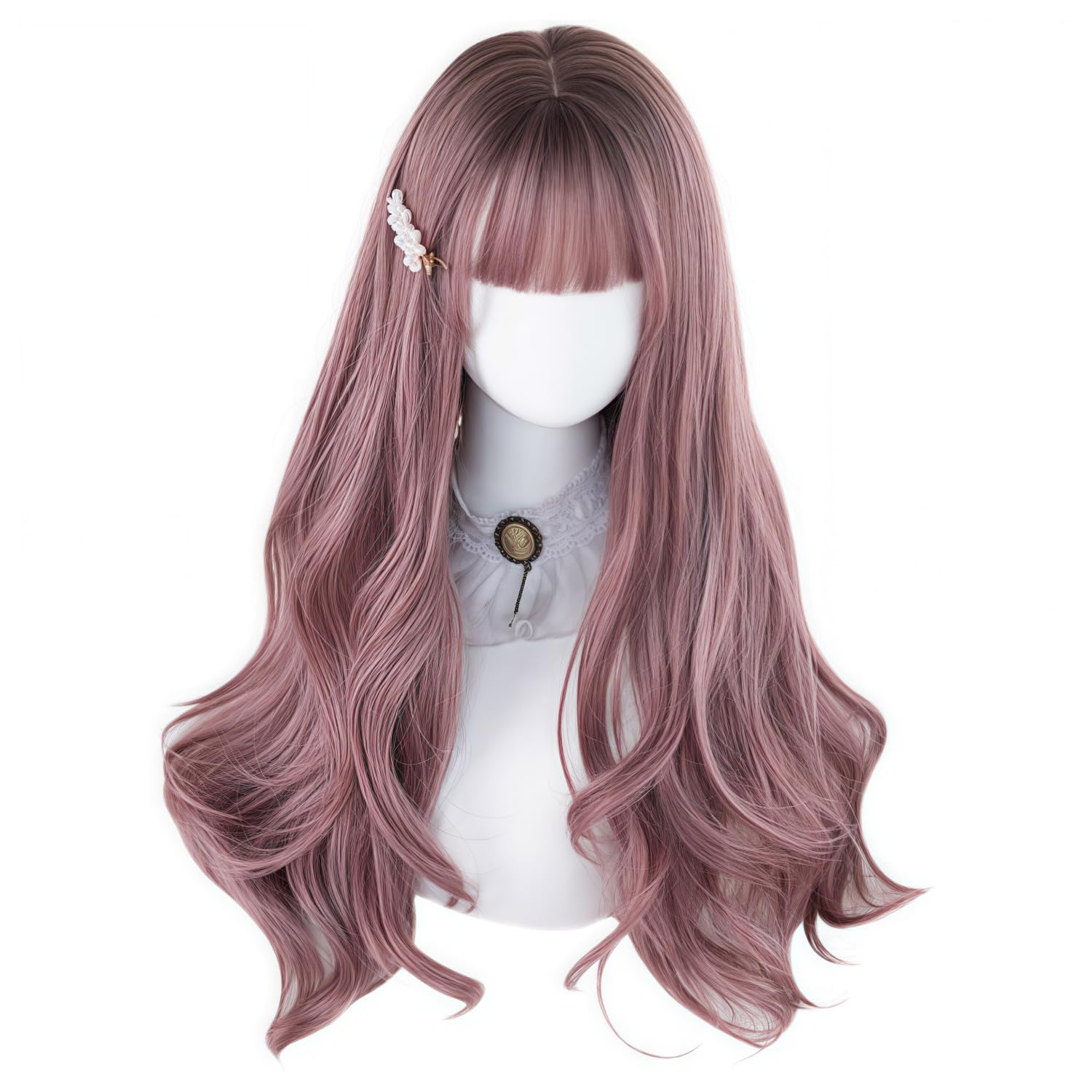 RyuuCos Lolita Wig, Long Hair, Curly, Wavy Hair, Blunt Bangs, Brown Pink Wig, Black Gradient Pink Brown, Natural Look, Harajuku Style, Cosplay, Heat