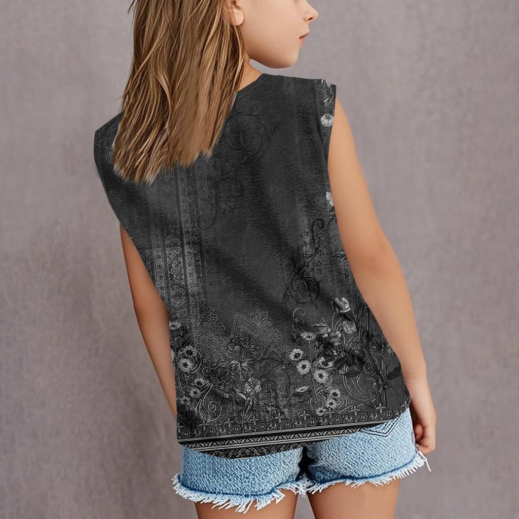Sommer Rundhals 3D Vintage Floral Bedrucktes Top Modische Lässige Kurzarm Kinder Mädchen T-Shirts