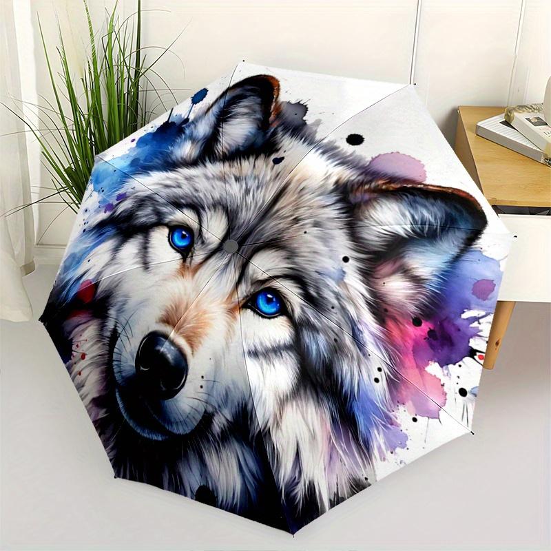 1 Stück Blauäugiger Wolf Vollautomatischer Faltbarer Tragbarer Regenschirm, 8 Eisenstäbe, Dreifach faltbares Design, Geeignet für Alle Jahreszeiten, Geeignet für den Außenbereich