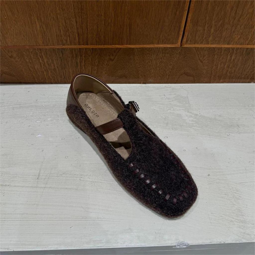 Inner Height Increase of 3cm~ Square Head Mary Jane Shoes for Women's 2025 Early Autumn New Korean Version Woolen Material One-word Ballet Shoes