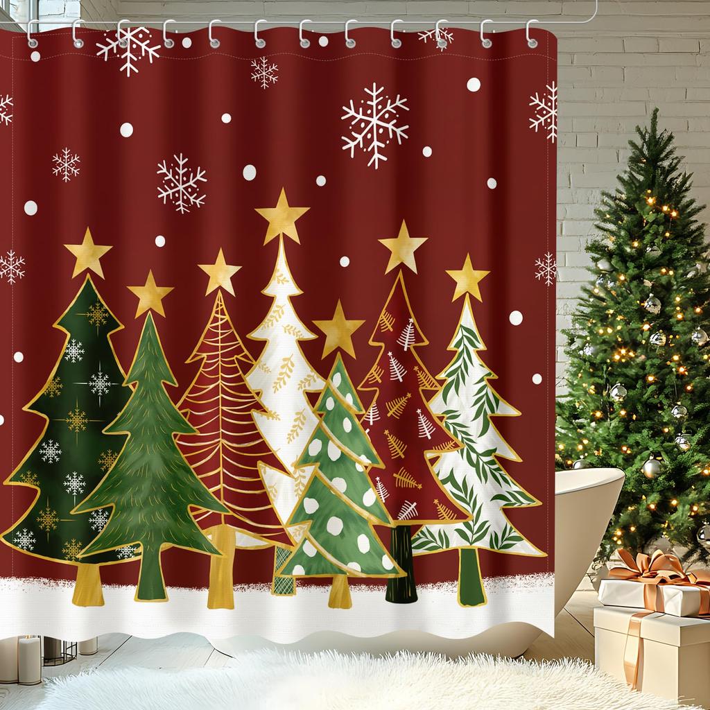 Christmas Shower Curtain Winter Snowy Landscape Forest Shower Curtain Xmas Pine Tree Bath Curtain with Hooks Home Bathroom Decor