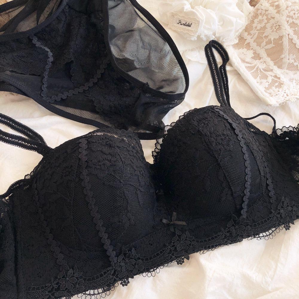Sexy Lace Flowers Embroidery Underwear Set for Women Comfort Thicken Cup Push Up Bra Detachable Strap Top Bralette Lingerie Sets