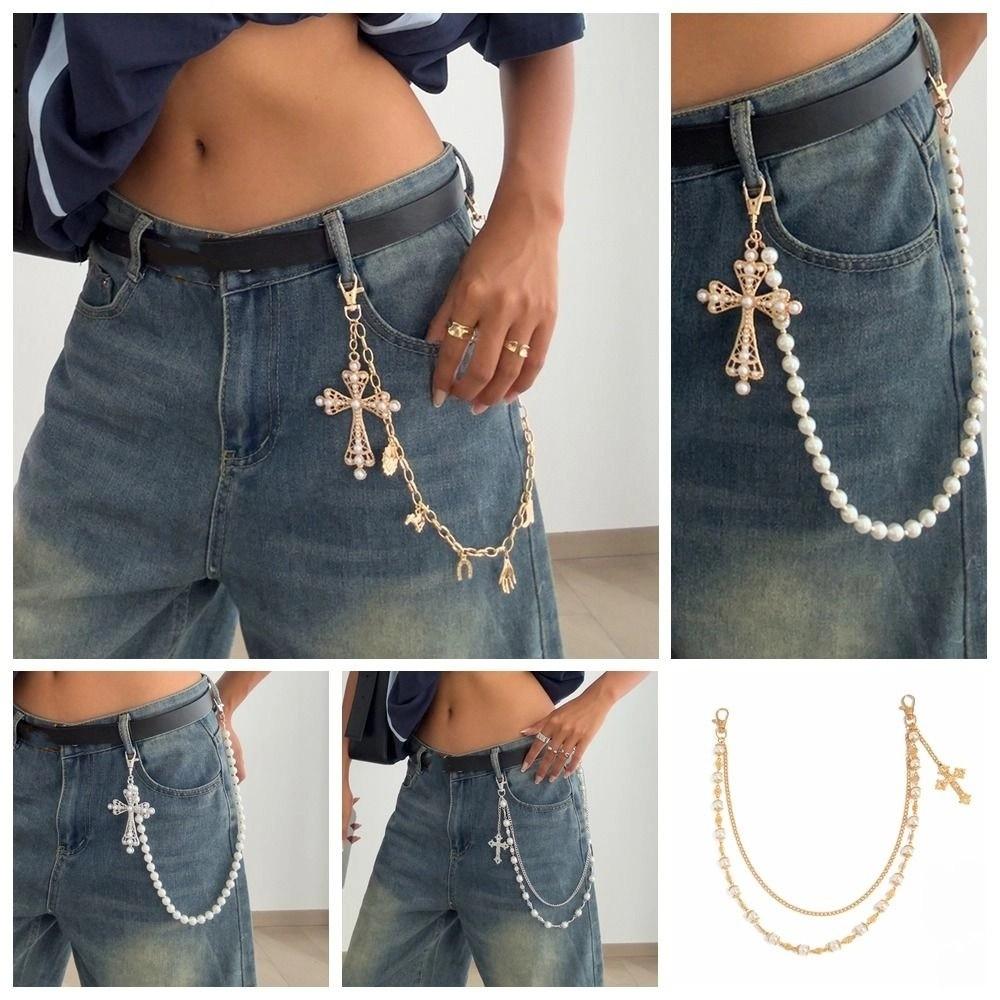 Beads Pearl Waist Chain Cross Pants Chain Retro Tassel Jeans Chain  Female