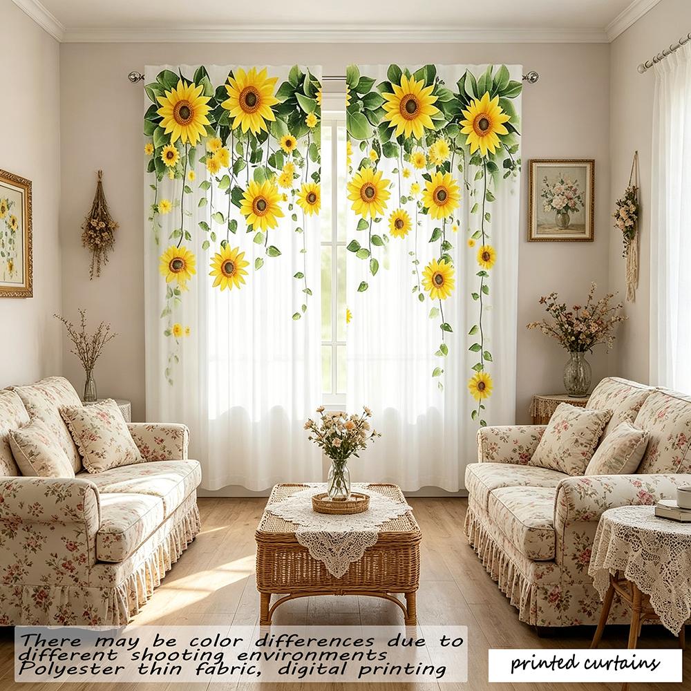 2D Graphic Design Sunflower Watercolor Sheer Curtains 2-Piece Set Machine Washable Polyester Pole Style Suitable for Living Room