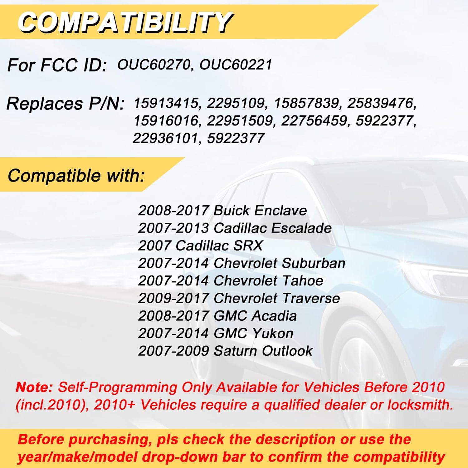 Key Fob Replacement for 2007-2014 Chevy Suburban Tahoe/ 09-17 Traverse/ 07-14 GMC Yukon/ 08-17 Acadia & Buick Enclave/ 07-13 Escalade Car Keyless