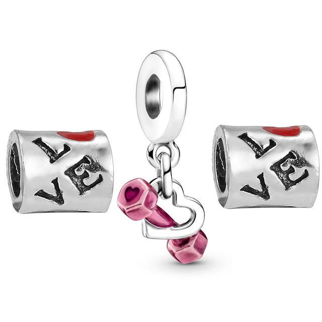 3pcs /Lot Pink Love Heart Beads Enamel Mom Pendant Fit Diy Brand Charm Bracelets Necklaces For Women Mother Jewelry Making