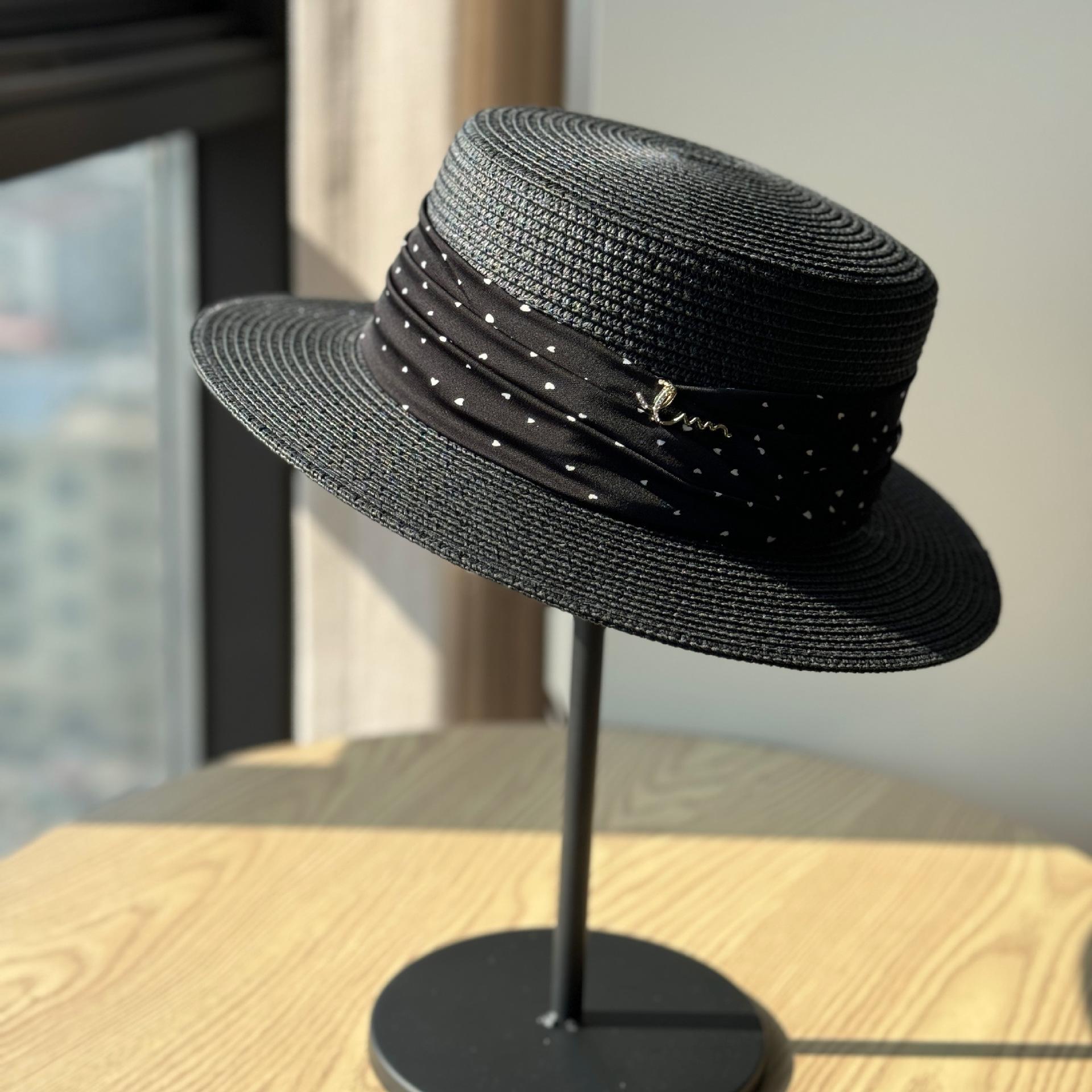

Vintage French-style polka dot flat-top straw hat for women, summer seaside vacation and outing flat-brimmed sunshade straw hat Adult54-60Adjustable