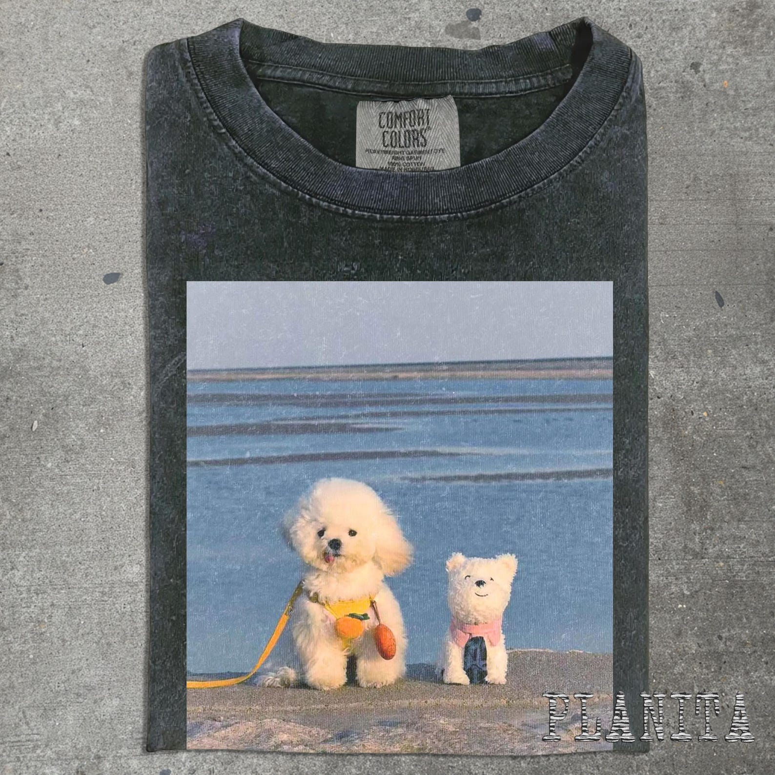 Two Plush Dogs Beach Print T-Shirt | Cute Puppy Illustration 4XL