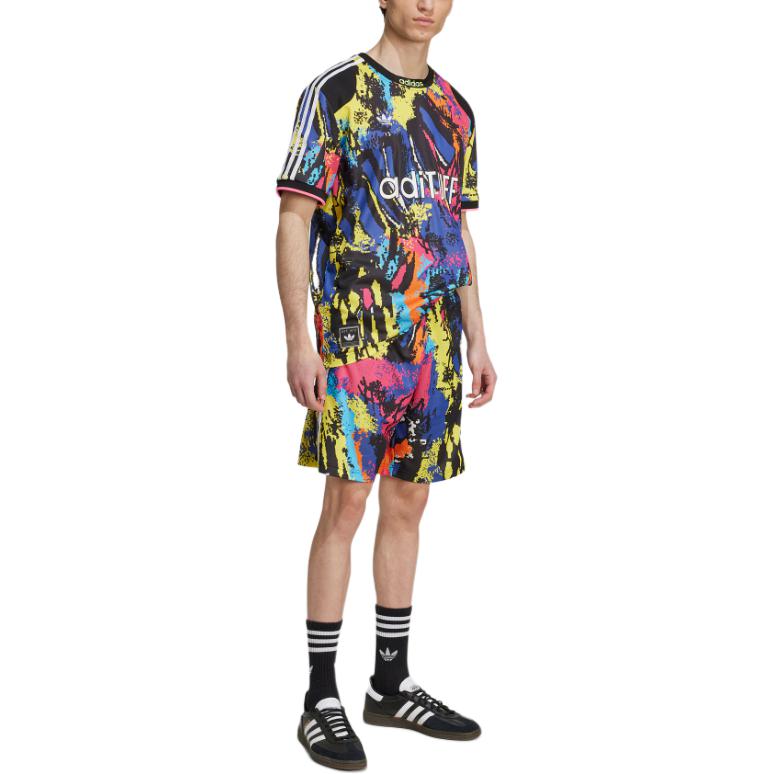 adidas Originals Archive SS25 AOP Jersey Comfortable Round Neck Sports Short Sleeve Football Shirt Men Tops Black Lemon-Yellow Pink KD4800