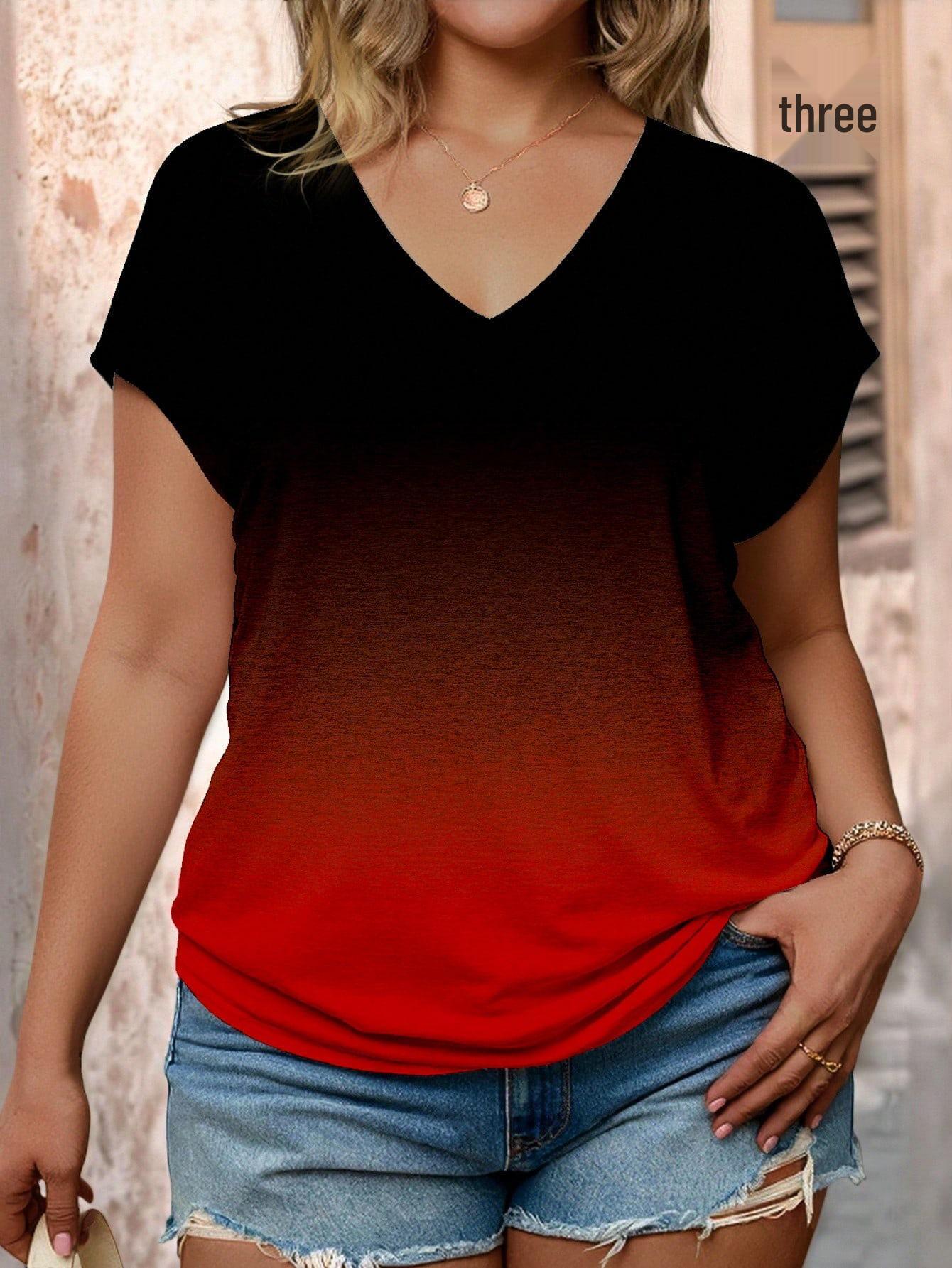 

Plus Size Women s Black to Red Gradient V-Neck Casual Short-Sleeve T-Shirt 0XL