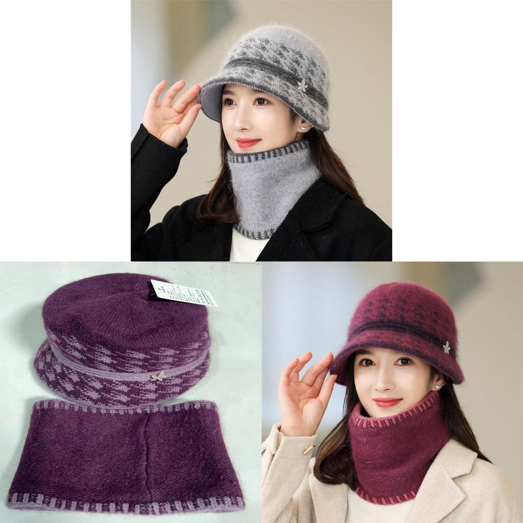Knitted Hat Set For Middleaged Women Winter Warm Plush Flower Petal Design Outdoor Travel