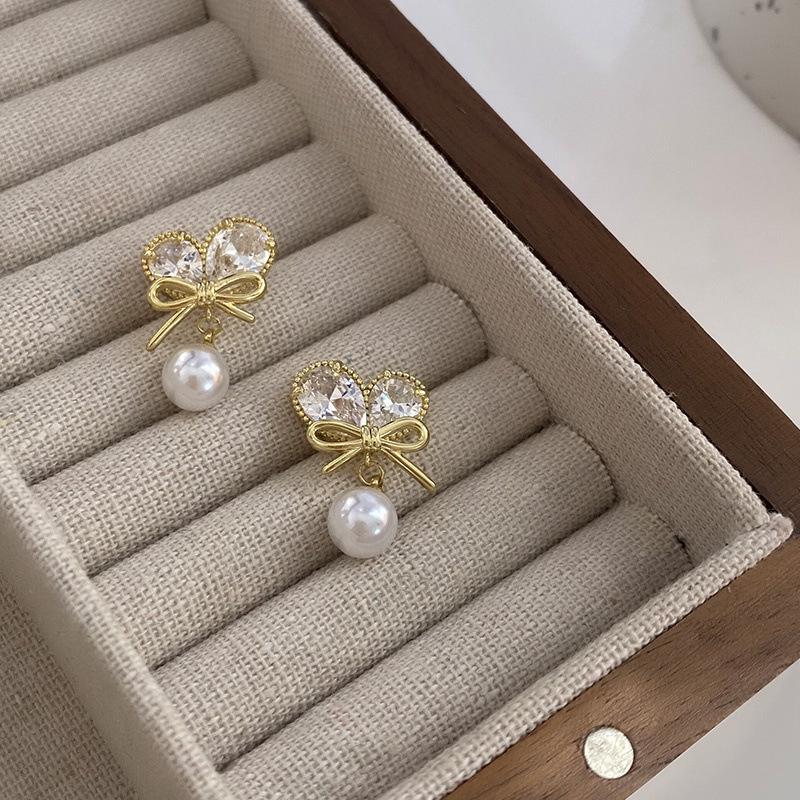\nDelicate French Zircon Heart Stud Earrings with Bow, Pearl Tassels In 925 Silver for Women