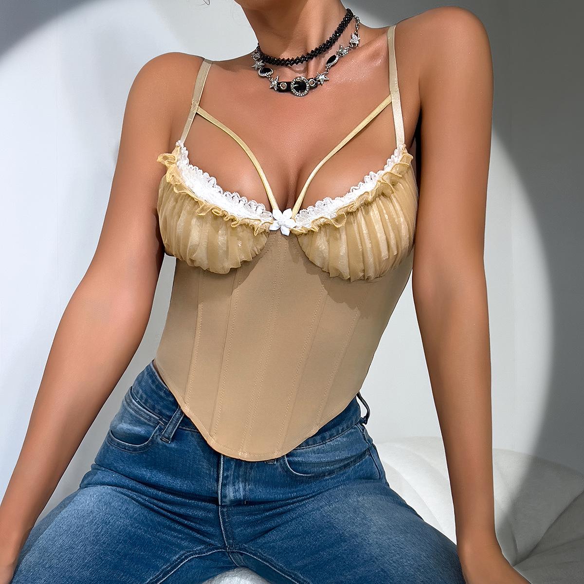 

Сексуальный прозрачный кружевной лоскутный хлопковый жилет на бретелях с открытой спиной Small