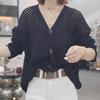 Spring/Summer Single Breasted Sunscreen Loose Air Conditioning Sweater V-neck Hollow Knitted Cardigan for Women
