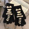 Cute Striped Cat Finger Knitted Wool Gloves Female Winter Thickened Warm Cold Student Riding