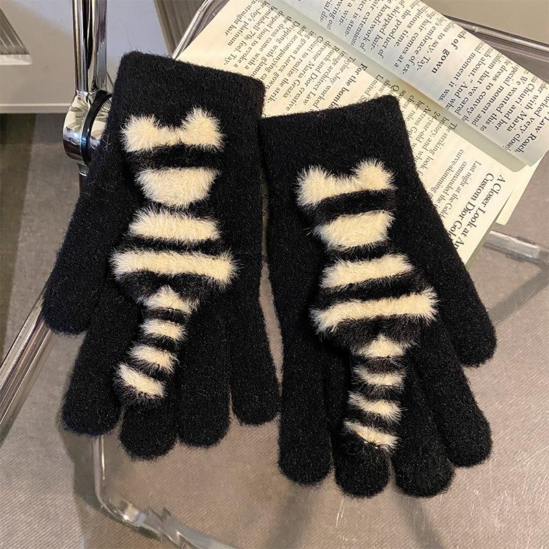 Cute Striped Cat Finger Knitted Wool Gloves Female Winter Thickened Warm Cold Student Riding