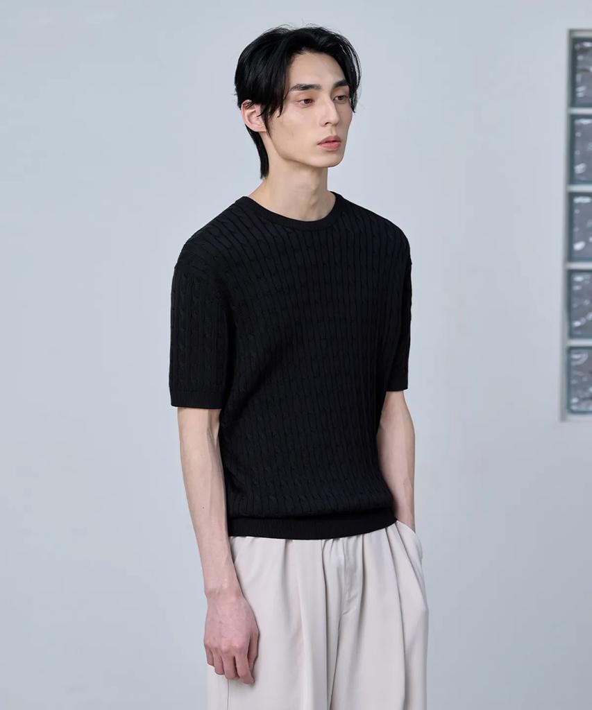 AGOD Cotton Modal Washable Crew Neck Cable Knit [Black]