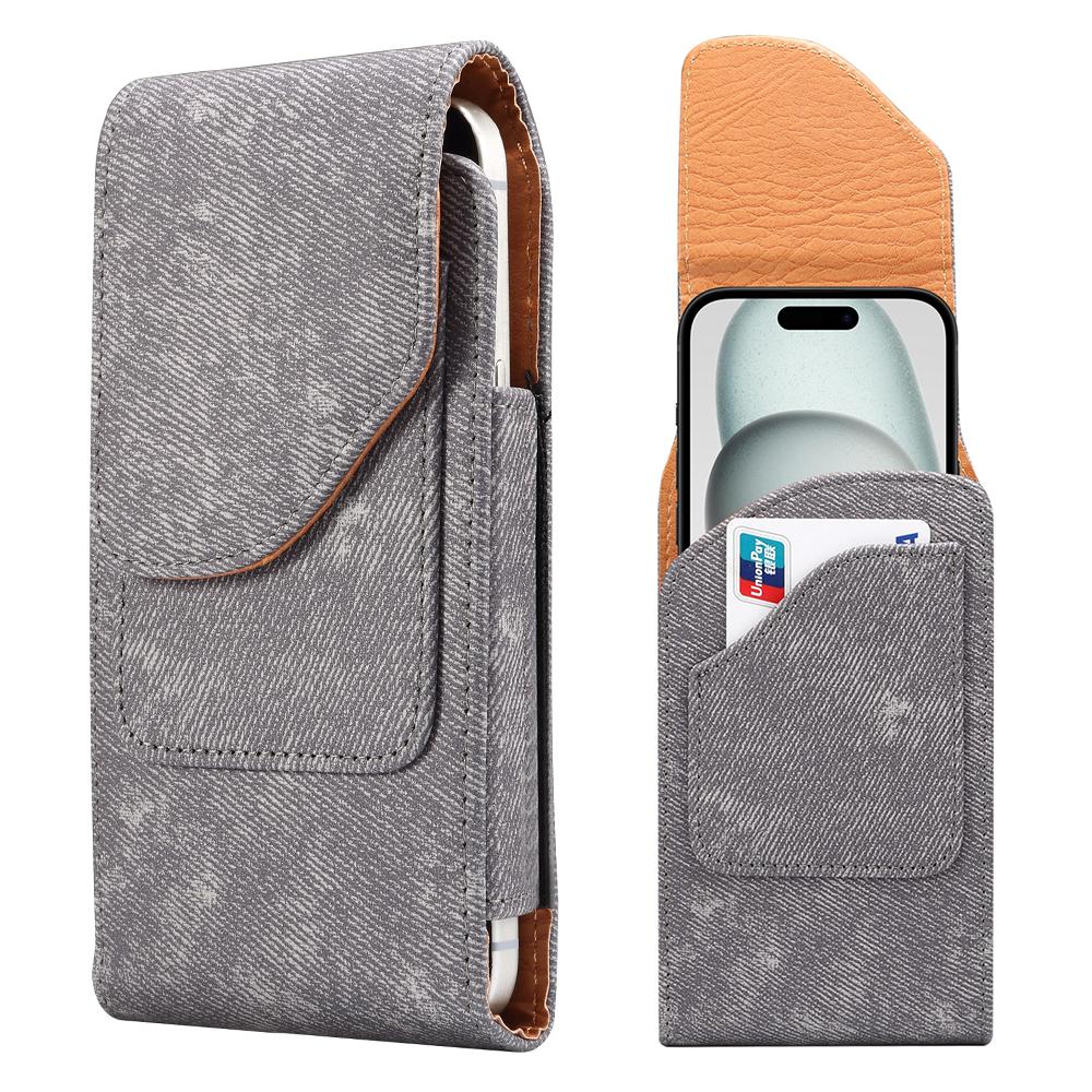 

6.1 inch Phone Case Holster for iPhone 16e/16/16 Pro/Samsung Galaxy S25,Jeans Cloth Texture Belt Clip Leather Bag with Card Slot Grey