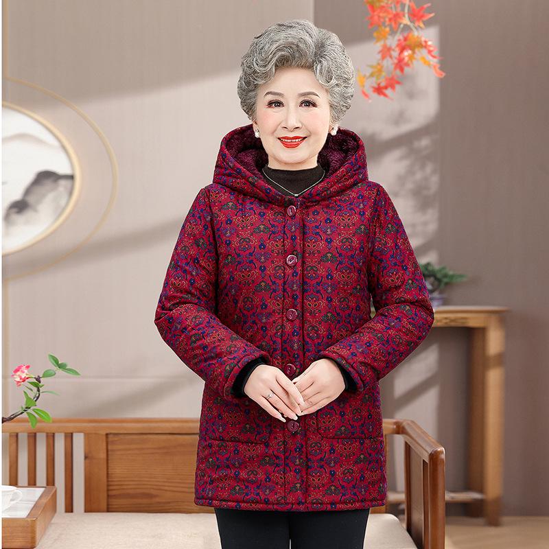 

Warm Hooded Cotton Jacket for Elderly Women - Velvet-lined Winter Coat for Seniors XXL красный