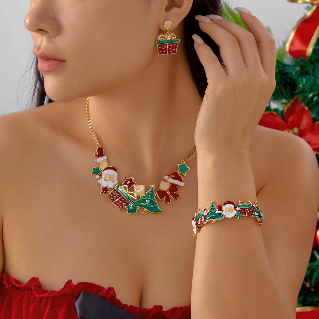 Exaggerated Enamel Santa Claus Christmas Tree Splicing Bangle for Women Dainty Xmas Necklace Bracelet Earrings Jewelry Set Gift
