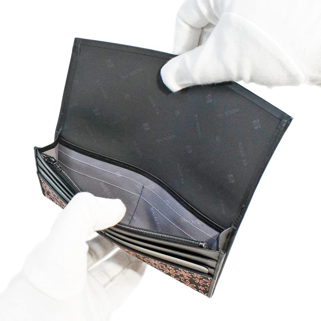 Inden Langes Geldbörsenbündel T Dünnes Hirschleder Schwarz x Rosa Lack Schneegrasmuster [Indenya] 2311-51-160