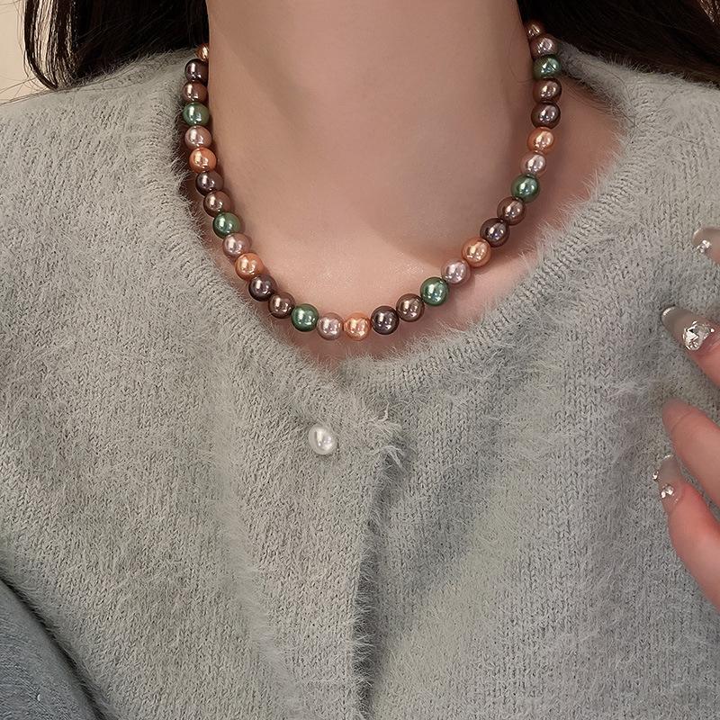 French Long Stacked Colored Pearl Necklace, Simple Temperament Collarbone Chain, Retro Necklace for Women