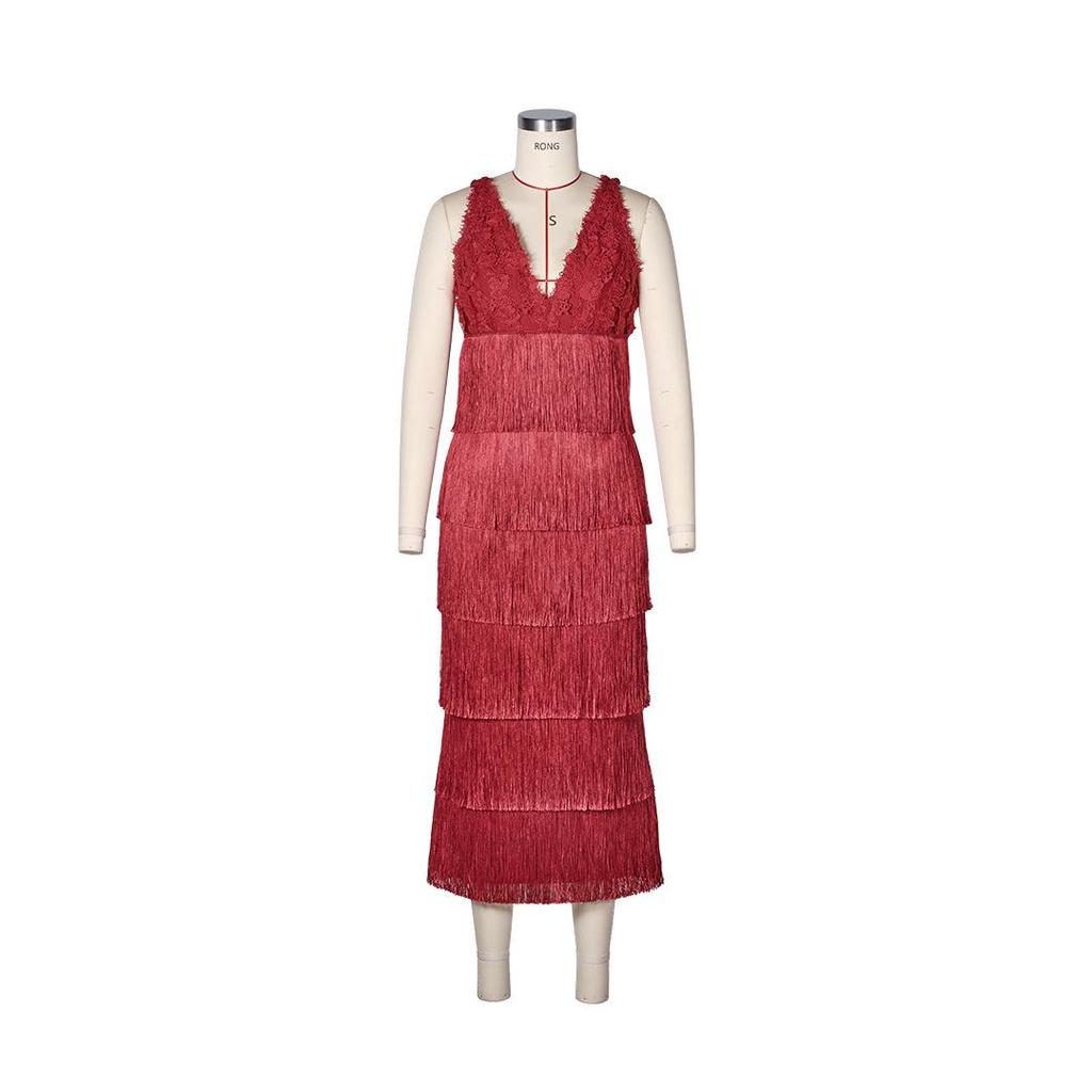Red Lace Trimmed Tassel Layered Women's Bandage Evening Dress