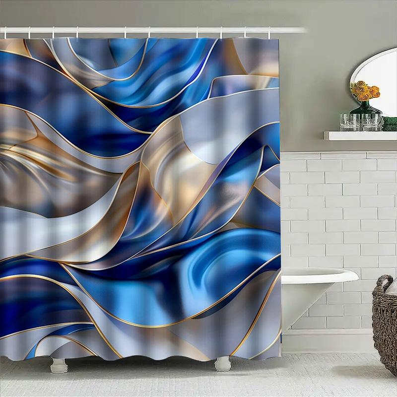 Modern Waves Shower Curtain Bath Decor For Bathroom Remodeling Blue White Gold Print Polyester Waterproof Fabric