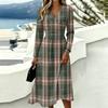 Women's Plaid Print Long Sleeve V-Neck Dress with Pockets for Casual Wear