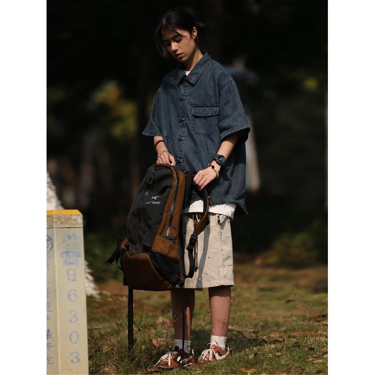 Summer Men'S New Style Distressed Washed Retro Short Sleeved Denim Shirt Street Trendy Workwear Military Style Shirt Top