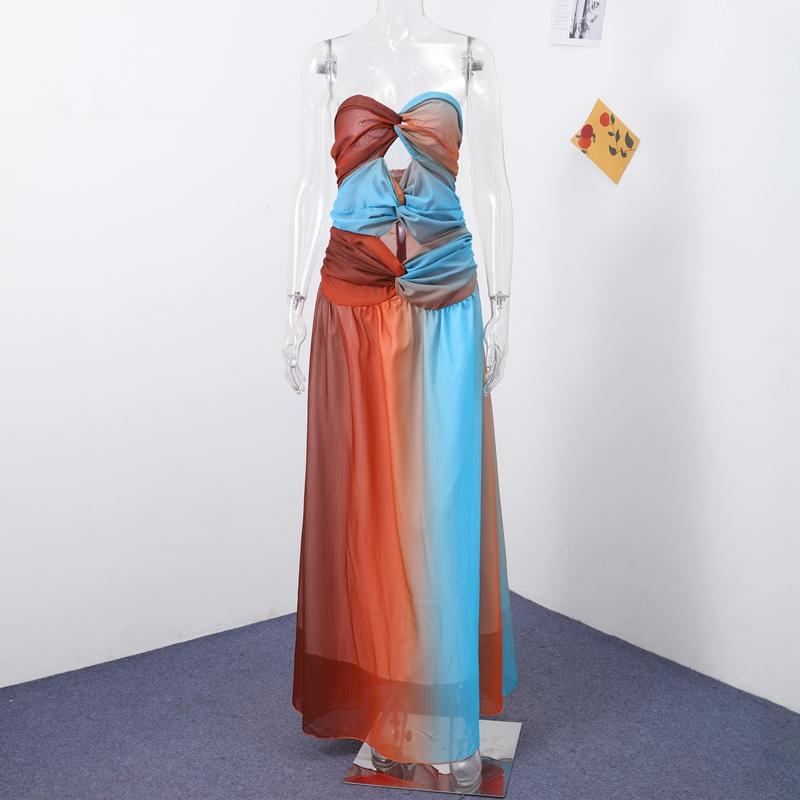 

Модное макси-платье с градиентным принтом и вырезом, женское сексуальное плиссированное длинное платье без бретелек с открытой спиной 2025 года для пляжного отдыха XL