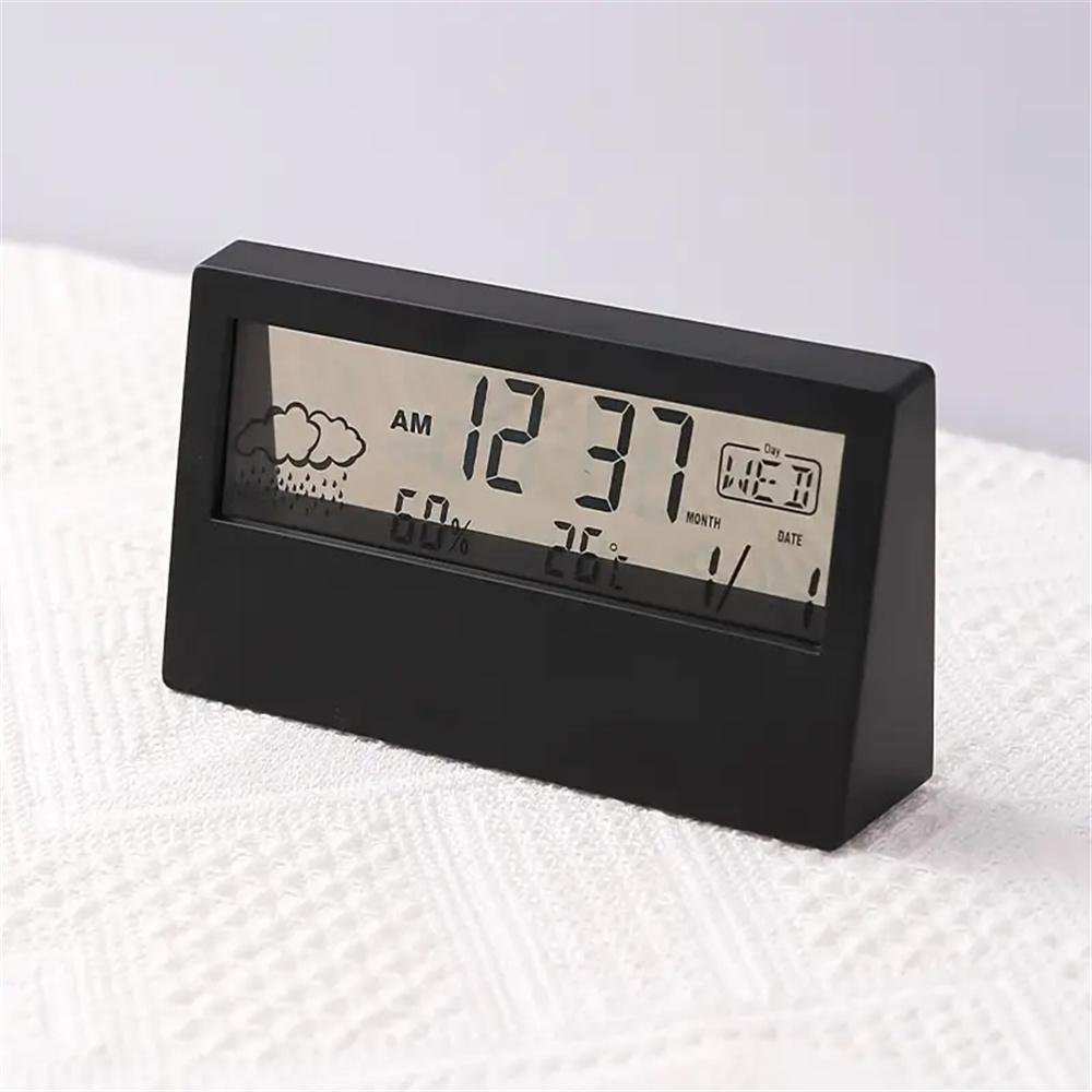Silent Smart Clock LED Electronic Desk Clock with Digital Weather Thermometer Hygrometer and Date Display in Transparent Design