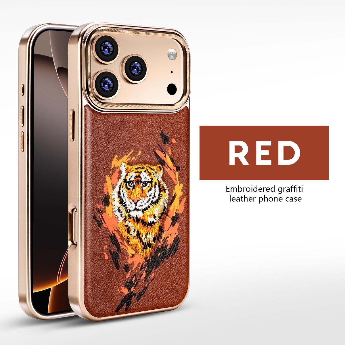 

Animal Pattern Embroidery Leather Phone Case for iPhone 17 Pro Max Air 16 Plus 15 14 Magnetic Alloy Button Electroplated Shell iPhone17