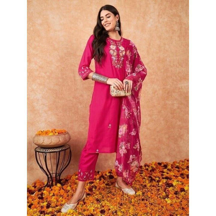 Indian Viscose Chanderi Kurta Set Women Wedding Wear Kurti Pant Dupatta Set V-101