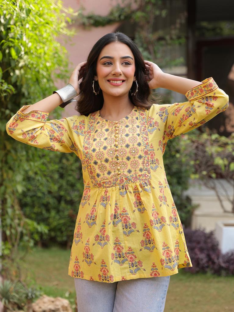 Yellow Handblock Printed & Embroidered A-Line Top